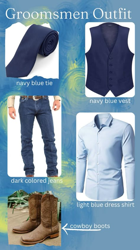 Navy Blue Mens Wedding Attire Casual, Navy Blue Vest Groomsmen With Jeans, Blue Jean Wedding Men Groom Attire, Groomsmen Jeans, Blue Jean Wedding, Blue Groomsmen Attire, Groom In Jeans, Groomsmen Attire Navy, Rustic Groomsmen Attire