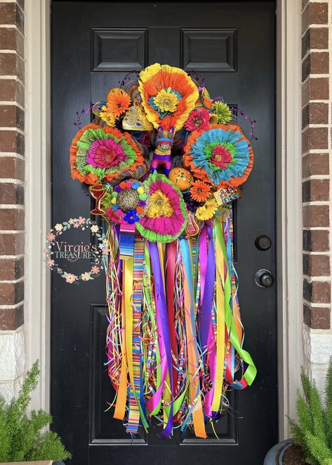 Large Crepe Paper Flowers, Cinco De Mayo Wreath, Potluck Wedding, Fiesta Wreath, Wedding Fiesta, Birthday Fiesta, Rainbow Wreath, Flag Wreath, Tin Ornaments