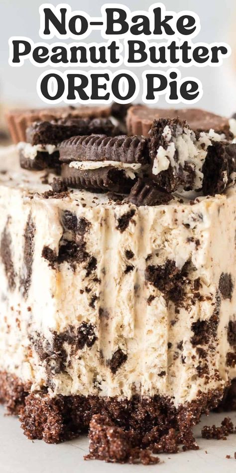 This heavenly no bake Oreo peanut butter pie has a chocolate Oreo crust and creamy peanut butter and Oreo filling. Served frozen, it's an easy dessert packed with chocolate and peanut butter flavor. #nobakedessert #nobakepie #oreodessert #peanutbutter Oreo Peanutbutter Dessert, Oreo Reeses Dessert, Oreo Peanut Butter Cookie Dough Cheesecake, Oreo Pie Recipe No Bake, Peanut Butter Ice Cream Dessert, Peanut Butter Pie Oreo Crust, Peanut Butter Oreo Pie, Oreo Pie Crust Recipe No Bake, Oatmeal Cream Pie Dessert