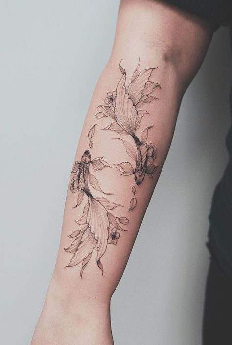 Floral Fish Tattoo - TattooLopediaTattooLopedia Blatt Tattoos, Pisces Tattoo Designs, Spinal Tattoo, Koi Tattoo Design, Pisces Tattoo, Pisces Tattoos, Koi Tattoo, Koi Fish Tattoo, Forearm Tattoo Women