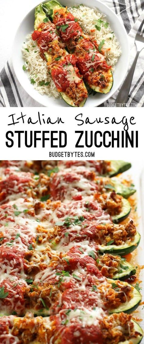 Italian Sausage Stuffed Zucchini Boats - Budget Bytes Zucchini Stuffed, Zucchini Boat Recipes, Stuffed Zucchini Boats, Italian Sausage Recipes, Sausage Stuffed Zucchini, Stuffed Zucchini, Zucchini Boats, Sausage Recipes, Veggie Dishes