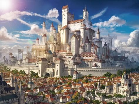 Majestic Fantasy City and Castle Under the Bright Sun | MUSE AI Rich Fantasy City, Castle City Fantasy Art, Fantasy Castle City, Large Fantasy City, Bright Fantasy Art, Fantasy Cities Art, Medieval Fantasy City Art, Fantasy Kingdom Cities, Fantasy City Concept Art