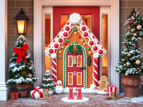 Image for Gingerbread House: Decorate your door to look like a gingerbread house with candy decorations, gumdrop buttons, and icing details. Add a gingerbread man or woman for a sweet touch. Gingerbread Front Door Decorations, Front Door Gingerbread House, Ginger Bread Office Decorations, Ginger Bread Office Decor, Gingerbread House Door Decorations, Ginger Bread House Cubicle Decorations, Diy Gingerbread House Office Decorations, Ginger Bread House Office Decor, Christmas Cubicle Decorations