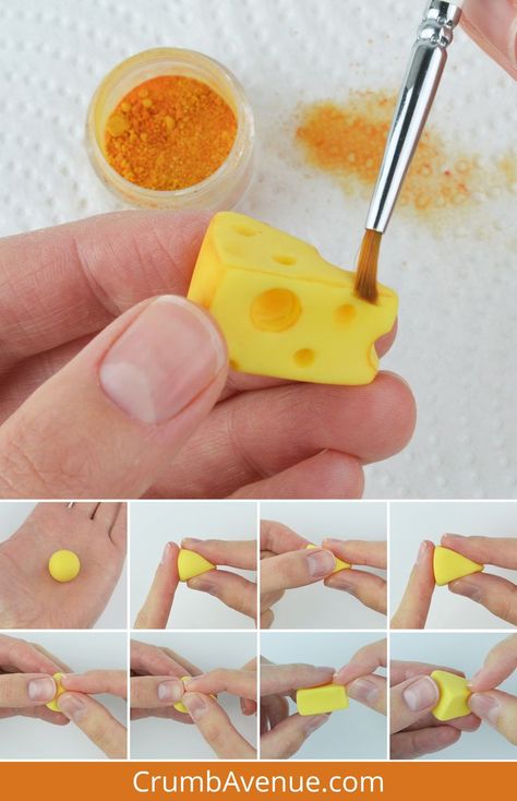 Fimo Clay Ideas Step By Step, Cute Polymer Clay Food, Easy Clay Food Ideas, Polymer Clay Food Easy, Polymer Clay Cake Tutorial, Polymer Clay Cheese, Mini Clay Food Easy, Food Clay Ideas, Modeling Clay Ideas Step By Step