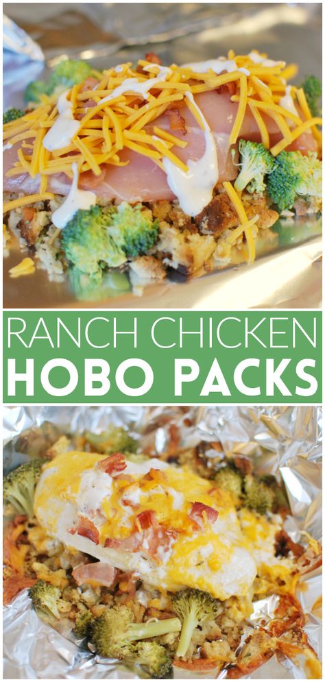 Cheesy Chicken Hobo Packs - stuffing, chicken, broccoli, bacon, and cheese all layered and cooked in foil packets. They can be grilled or baked! Easiest dinner ever. Taco Foil Packs, Foil Pack Dinner Ideas, Chicken Stuffing Foil Packets, Grilled Chicken Foil Pack Recipes, Chicken And Veggie Foil Packets, Easy Foil Dinners, Chicken Tinfoil Dinners Foil Packets, Chicken Campfire Foil Packets, Broccoli Chicken Foil Packets