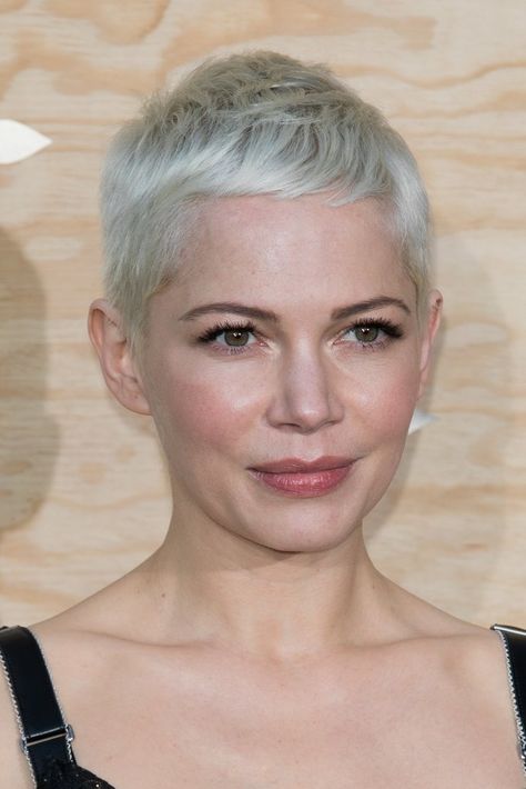 An icy blond color that will freeze anyone in Michelle Williams' sight. Bleached Pixie, Michelle Williams Pixie, Michelle Williams Hair, Blond Color, Messy Pixie Haircut, Wow Hair Products, Chemo Hair, Hair Evolution, Short Sassy Hair