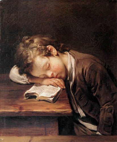 A schoolboy sleeping on his book, painted by Jean-Baptiste Greuze by WatzitztoCeska, via Flickr Rembrandt Drawings, Male Portraits, Women Reading, An Open Book, Reading Art, Jean Baptiste, World Of Books, Open Book, Chiaroscuro