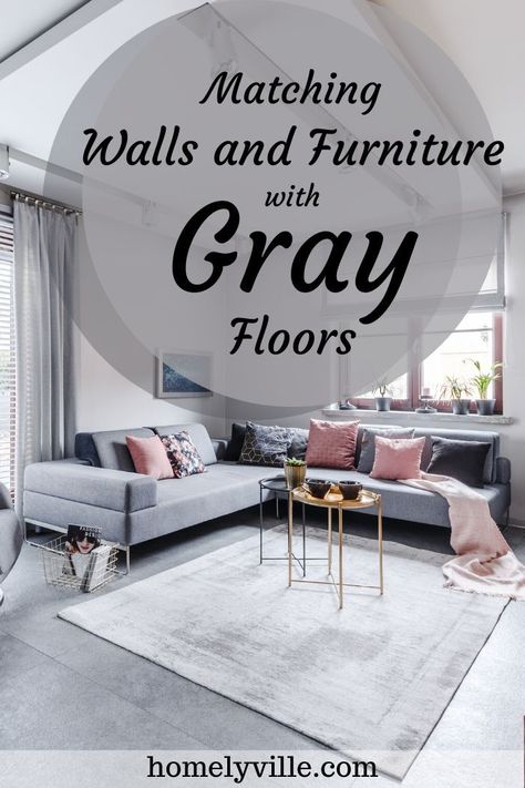 Gray floors go with pretty much everything. But still, which colors work best with gray floors and which ones you should stay away from. #grayfloors #grayflooring #grayfloorswallcolors #furnitureforgrayfloors Gray Floor Furniture Ideas, Light Grey Hardwood Floors Living Room, Gray Vinyl Flooring Living Room, Gray Hardwood Floors Living Room Decor, Wall Color Gray Floors, Grey Floor Living Room Ideas Modern, Living Room Decor With Gray Floors, Bedroom Ideas Gray Floor, Grey Tile Floor Living Room Decor