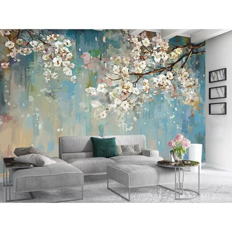 Floral Wall Mural, Cherry Blossom Wallpaper, Textile Wallpaper, Floral Textile, Textile Wall Art, Mural Floral, Peach Blossoms, Accent Wallpaper, Cafe Design