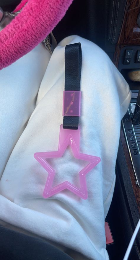 Japanese Car Accessories, Car Decor Y2k, Black Car Pink Accents, Star Car Decor, Car Tsurikawa, Star Car Accessories, Miata Accessories, Cute Car Mods, Car Decor Pink