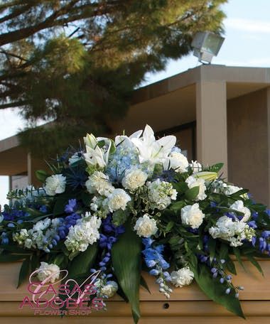 Blue Flower Arrangements, Sympathy Floral, Casket Spray, White Carnations, Tall Floral Arrangements, Casket Flowers, Hydrangea White, Memorial Services, Casket Sprays