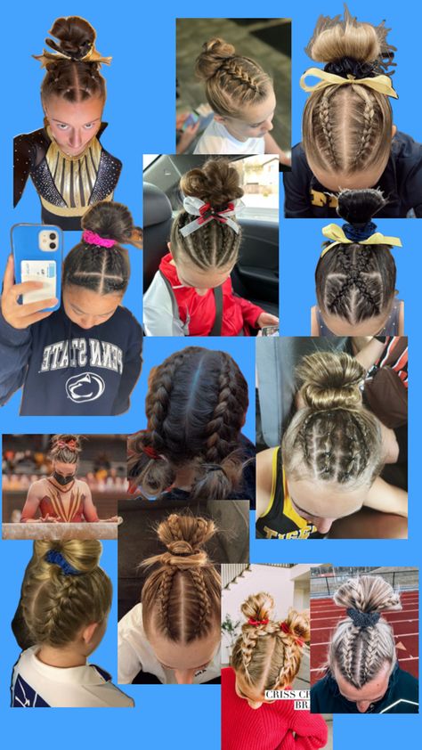 Gymnastics Meet Hair, Scrunchie Bun, Cute Volleyball Hairstyles, Cute Sporty Hairstyles, Soccer Hairstyles, Soccer Hair, Track Hairstyles, Basketball Hairstyles, Cool Looks