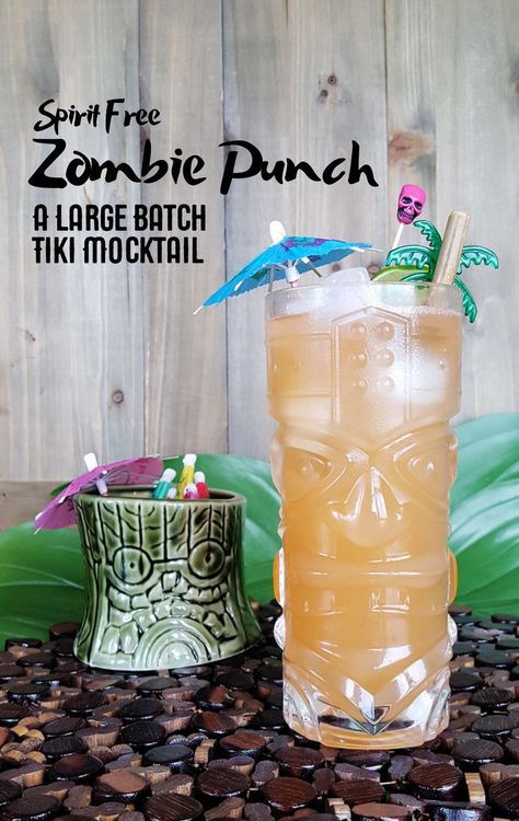 Non Alcoholic Tiki Drinks, Tiki Mocktail Recipe, Tiki Dinner Party, Spooky Tiki Party, Halloween Tiki Party, Tiki Punch Recipe, Zombie Punch, Tiki Food, Tiki Punch