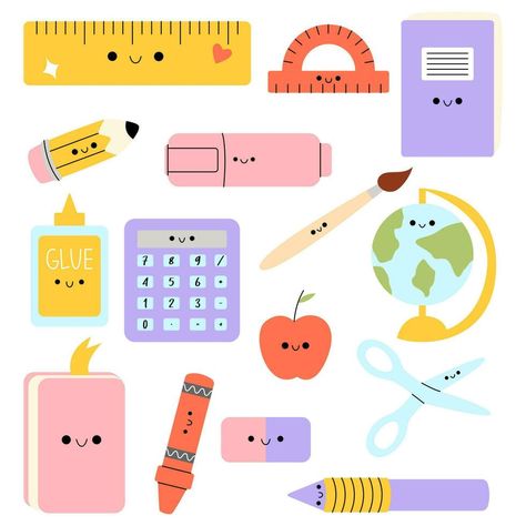 Cartoon School Supplies, Draw School, School Objects, Big Stickers, Pen Cartoon, Elementary Classroom Themes, Preppy School Supplies, School Suplies, Cute Stationary School Supplies