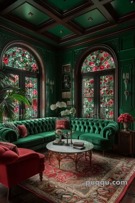 Green Velvet Interior, Green Velvet Couch Library, Emerald Green Velvet Couch Living Room Ideas, Emerald House Decor, Regal Elegance Decor, Emerald Green Library, Emerald Green House Interior Design, Emerald Velvet Couch, Regal Home Decor