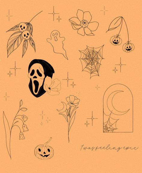 HALLOWEEN FLASH AVAILABLE NOW 👻 Simple and sweet this year 🍂💀🤎 BOOK NOW ☺️ (Sparkles are fillers but can also be apart of any tattoo you choose) • • #halloween #halloweenflash #simple #sweet #floralhalloween #ghosts #october #finelinetattoos #indiana #indianatattoo Witchy Star Tattoo, Halloween Fine Line Tattoo, Small Halloween Tattoos Simple, Fall Themed Tattoos, Halloween Theme Tattoo, Simple Halloween Tattoos, Ghost Flash Tattoo, Little Ghost Tattoo, Small Halloween Tattoos