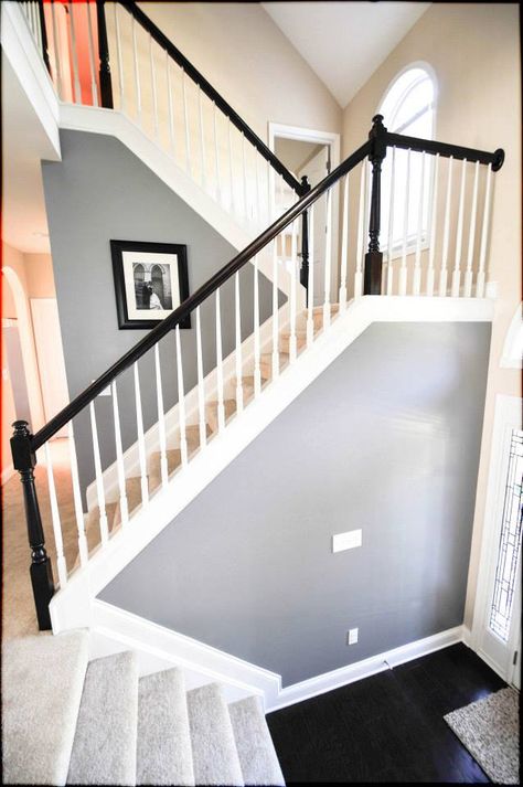 Cathedral Stone Grey by Valspar.  #greywalls #grey Black Bannister Grey Carpet, Grey Banister, Bannister Ideas Painted, Valspar Gray, Grey Basement, Black Banister, Black Handrail, Painted Stair Railings, Grey Floors