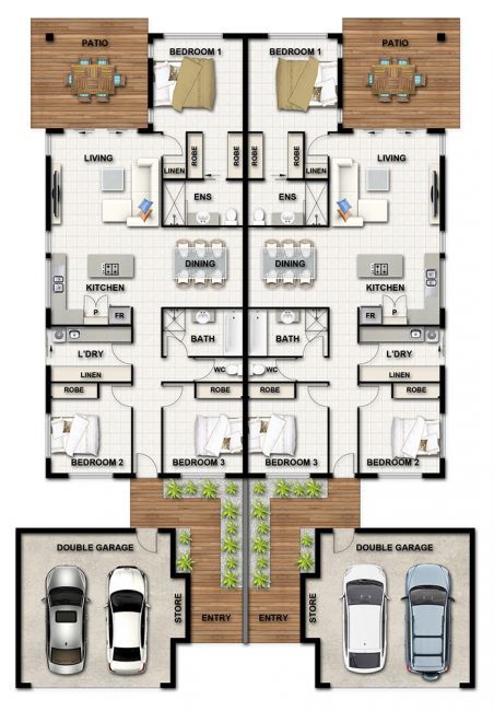 Duplex Floor Plans, Three Bedroom House Plan, Bungalow Floor Plans, Duplex Plans, Duplex Design, Three Bedroom House, Building Plans House, Duplex House Plans, Apartment Floor Plans