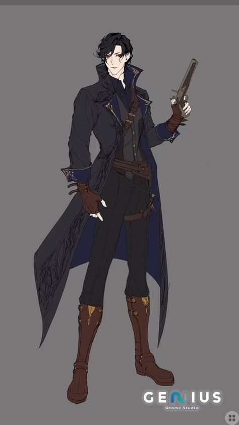 Vampire Cloak Drawing, Male Rogue Outfit, Hooded Oc Male, Masculine Fantasy Outfit, Male Fantasy Clothing Design Art, Mercenary Character Design Male, Coat Drawing References, Coat Fantasy Art, Vampire Hunter Outfit