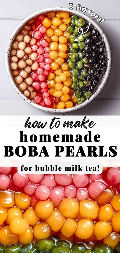 Looking to learn how to make tapioca pearls (or boba balls) from scratch? This recipe will show you how to make homemade boba pearls that are chewy and sweet, making them a fantastic addition to your bubble tea or milk tea. It also features 5 delicious boba flavors: brown sugar, matcha, mango, strawberry, and peach.Plus, I’ve included step-by-step photos and a video, so your first time making DIY boba at home goes as smooth as possible! Best Boba Recipe, Bubble Tea Boba Recipe, Boba Bubble Tea, Boba Homemade, Boba Beads Recipe, Treats To Bake At Home, Homemade Bubble Tea, Milk Tea Boba Recipe, Kiwi Boba Recipe