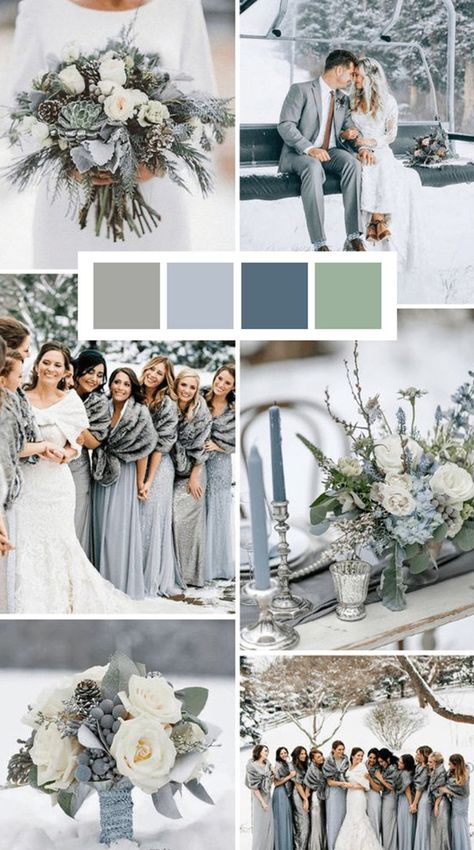 Winter Wedding Bridesmaids, Winter Wedding Color Palette, Blue Winter Wedding, Green Wedding Bouquet, Winter Wedding Colors, Wedding Themes Winter, Winter Wedding Decorations, Wedding Palette, Winter Wonderland Wedding