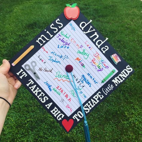 My graduation cap from CMU's elementary education program - all materials from Jo-Ann Fabrics! #teacher #elementary #futureteacher #graduationcap #educator #teacherquotes #educationmajor Grad Caps For Education Majors, Graduation Cap Designs For Education, Cap Decoration For Teachers, Masters Cap Decoration Teacher, Masters Education Graduation Cap, Teacher Masters Graduation Cap, Elementary Cap Decoration, Cute Teacher Graduation Caps, Graduation Cap Designs Elementary