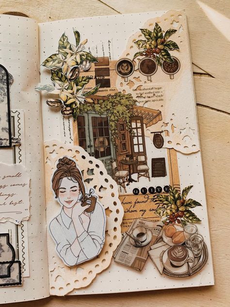 Journalsay - Scrapbook & Junk Journal Share & Spreads Art journaling | A coffee-themed journal: join me for a sip of creativity and journal our way through the aroma of imagination 🍃 Photo Collage Journal Ideas, Coffee Junk Journal Ideas, Coffee Journal Aesthetic, Coffee Junk Journal, Book Journal Collage, Vintage Design Ideas For Scrapbook, Coffee Scrapbook Ideas, Coffee Journal Ideas, Scrapbook Vintage Ideas