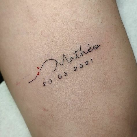 Name Tattoos With Dates, Birthday And Name Tattoo, Tattoos With Kids Names For Moms Boys, Discreet Name Tattoos, Name Tatoo Children, Surprise Tattoo For Boyfriend, Brayden Tattoo Name, Name Tattoo For Son, Small Baby Tattoos For Moms