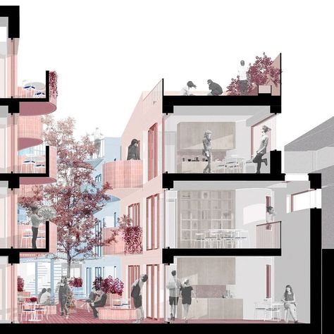 vPPR Architects on Instagram: “We love a perspective section. Here's one through our shortlisted proposal for the @ribacomps co-living competition in Forest Gate. The…” Perspective Sections Architecture, Prespective Section, Architectural Section Perspective, Perspective Section Render, Architecture Section Perspective, Perspective Section Architecture, Section Perspective Architecture, Sections Architecture, Section Perspective