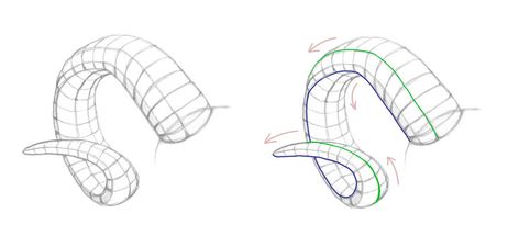 How To Draw Goat Horns, Horn Tutorial Drawing, Rams Horns Drawing, Curled Horns Drawing, Horn Designs Art, Sheep Horns Drawing, Ram Horns Drawing Reference, Goat Horns Drawing Reference, How To Draw Horns