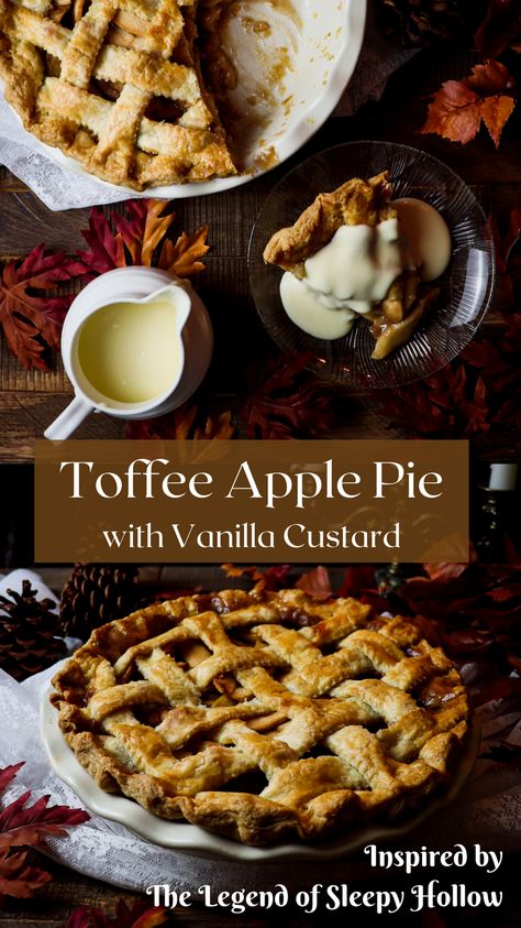 This sweet toffee apple pie topped with warm vanilla custard is inspired by the glorious Van Tassel fall harvest feast featured in Washington Irving's gothic horror story The Legend of Sleepy Hollow. Gothic Dinner Recipes, Sleepy Hollow Themed Food, Sleepy Hollow Food, Sleepy Hollow Recipes, Legend Of Sleepy Hollow Recipes, Fall Inspired Desserts, Literature Recipes, Toffee Apple Pie, Lotr Recipes