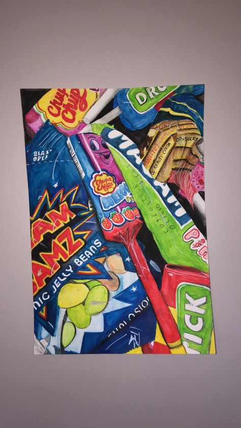 GCSE art final piece - food project inspired by Sarah graham| insta- _maisierookeart_ Sweet Treats Gcse Art, Sarah Graham Sweets, Gcse Drawing Ideas, Gcse Art Exam Final Piece, Final Gcse Art Piece, Gcse Art Food Final Piece, Gcse Art Food Project, Collections Art Gcse, Sarah Graham Art