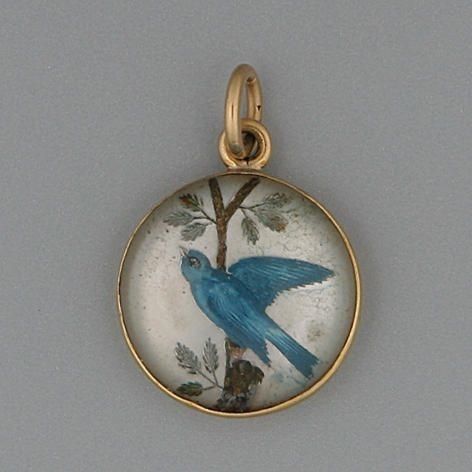 Reverse Intaglio, Blue Swallow, Vintage Charm Bracelet, Antique Pendant, Bird Pendant, Bird Jewelry, Victorian Jewelry, Vintage Jewels, Rock Crystal