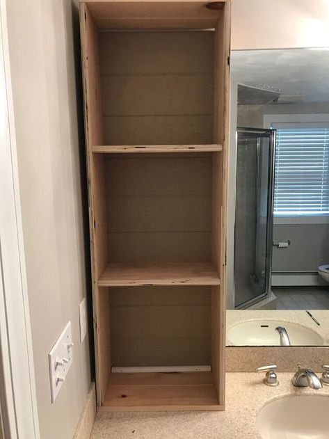 Diy Built In Bathroom Shelves, Adding Shelves To Bathroom Vanity, Cabinet In Between Bathroom Sinks, Bathroom Built In Cabinet Wall Storage, Bathroom Vanity Update, Built In Bathroom Vanity, Cookie Sheet Storage, Vanity Update, Craftsman Style Doors