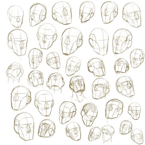 head construction drawing Head Tilted Down Reference Drawing, Face Construction Drawing Tutorials, Anime Face Construction, Head Construction Anatomy, Face Drawing Studies, Men Head Shapes Drawing, Male Head Drawing Tutorial, Head Direction Reference, Head Drawing Practice