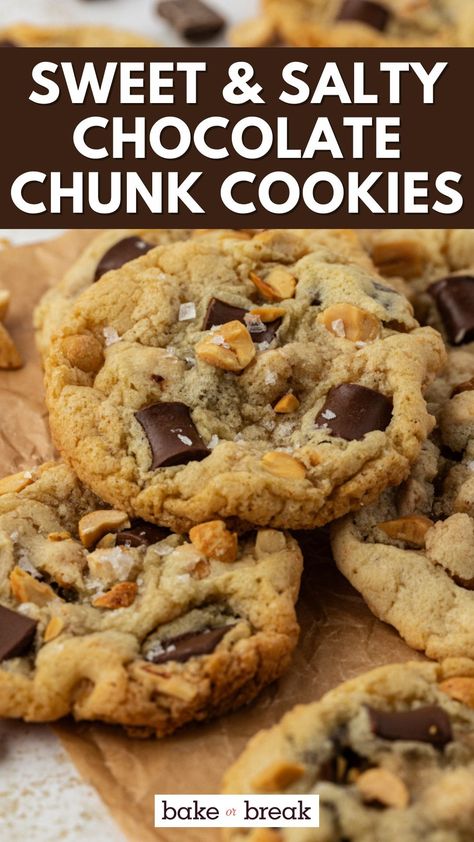 Craving a cookie that's not too sweet but perfectly indulgent? Try these Sweet and Salty Peanut Chocolate Chunk Cookies! Perfect for bakers looking for a simple recipe with spectacular results. Chocolate Chunk Peanut Butter Cookies, Choco Chunk Cookies, Sweet And Salty Chocolate Chip Cookies, Salty Chocolate Chip Cookies, Peanut Chocolate, Salty Cookies, Peanut Cookies, Chewy Chocolate Chip, Chewy Chocolate Chip Cookies