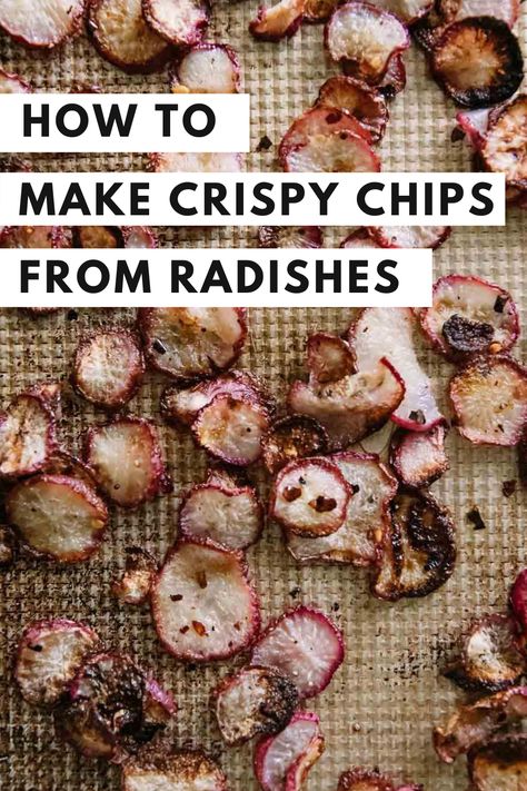 Learn how to make crispy radish chips in the oven! An easy, healthy take on potato chips (or "fauxtato" chips) with no air fryer or dehyrator. Dehydrated Radish Chips, Radish Chips Baked, Air Fryer Radish Chips, Radish Chips Air Fryer, How To Cook Tamales, Good Truths, Keto 2023, Roasted Radish, Chips Homemade