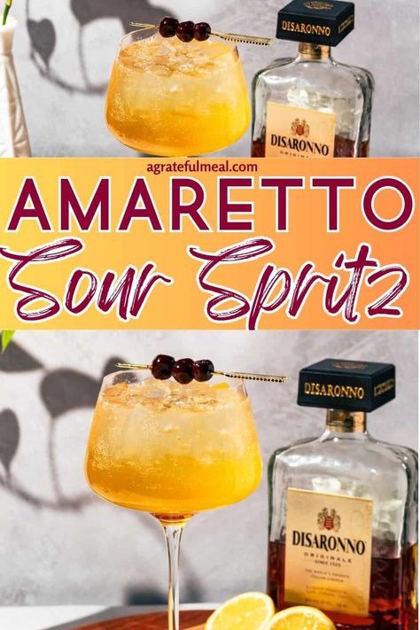 Image of the spritz cocktail with the words "Amaretto Sour Spritz" in text overlay. Amaretto Spritz, Amaretto Drinks, Italian Spritz, Fall Hosting, Limoncello Cocktails, Italian Drinks, Amaretto Sour, Spritz Recipe, Spritz Cocktail