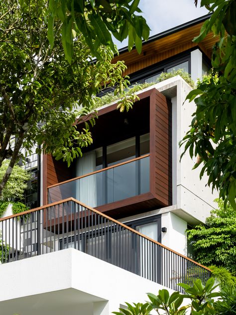 Fresh air and coffee breaks from a peaceful spot to unwind and enjoy the view!🌿✨  Photography: David Yeow  #AamerArchitects #LuxuryHomes #LuxuryArchitecture #TropicalArchitecture Floating Balcony, Marble Flooring Design, Balcony Grill, Balcony Grill Design, Small House Design Exterior, Architecture Elevation, Facade Architecture Design, Kerala House Design, Home Design Plan