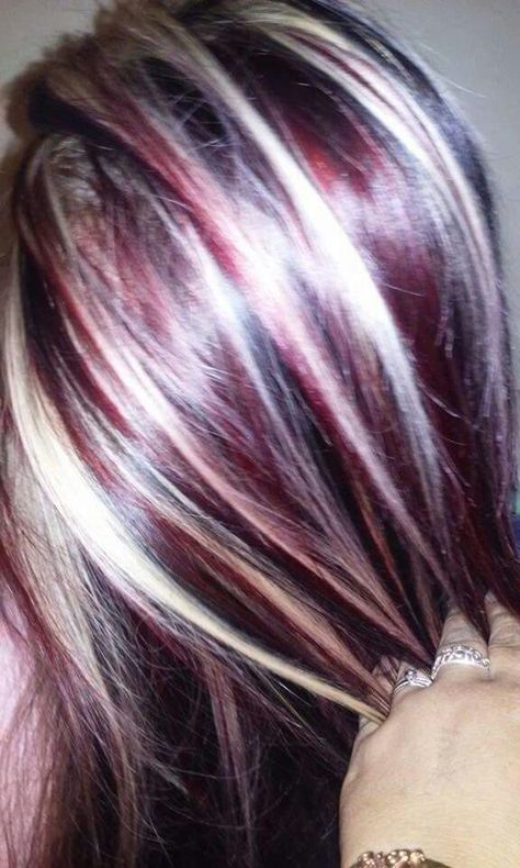 Burgundy Hair With White Skunk Stripe, Red And White Highlights Hair, Burgundy Hair With White Streak, Red And White Chunky Highlights, Red And Purple Streaks Hair, Chunky Magenta Highlights, Calico Hair, Skunk Hair, Cherry Red Hair