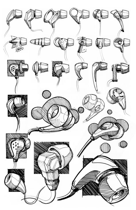 sketching by Patrick Murphy Headphones Design Sketch, Headphones Concept Art, Product Concept Sketch, Earphones Sketch, Graphic Design Sketches, Product Design Sketch Concept, Headphones Sketch, Earbuds Design, Headphone Sketch