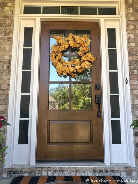 Brown Fiberglass Front Door, Wood Door With Window, Brown Wood Front Door, Front Door With Glass Design, Wood Color Front Door, Glass And Wood Front Door, Front Door With Privacy Glass Window, Wood Look Fiberglass Front Door, Exterior Doors With Windows