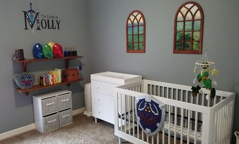 Zelda themed nursery Gamer Nursery Ideas, Nintendo Nursery Ideas, Zelda Themed Nursery, Legend Of Zelda Nursery, Zelda Inspired Room, Gaming Nursery, Zelda Themed Room, Zelda Bedroom Ideas, Gamer Nursery