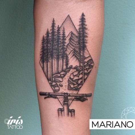 Mtn Bike Tattoo, Mountain Trail Tattoo, Bike Life Tattoo, Mtb Tattoo, Oliver Tattoo, Cycling Tattoo, Mountain Bike Tattoo, Bike Tattoo, Sky Tattoos