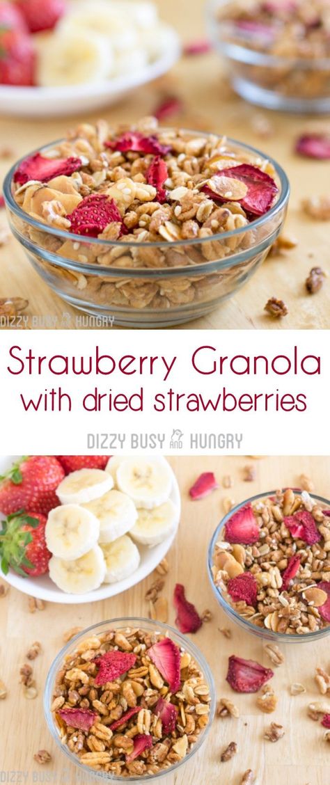 Strawberry Granola with Dried Strawberries #SundaySupper #FLStrawberry Strawberry Oats, Granola Oats, Strawberry Granola, Vanilla Granola, Strawberry Breakfast, Dried Strawberries, Best Breakfast Recipes, Granola Recipes, Homemade Granola