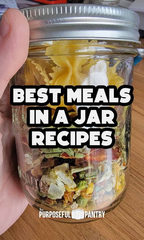 Get the 100 best meals in a jar recipes to stock your pantry, fill your backpack for hiking trips, ad put aside for emergency meals for your family, or give as gifts to others in need. Recipes for soups, stews, casseroles, breakfasts and so much more! Soup In A Jar Meal Prep, Dry Meals In A Jar, Meal In A Jar Canning Recipes, Jar Meals Recipes, Meals In A Jar Recipes Just Add Water, Salads With Kale, Pasta In A Jar, Bread In A Jar Recipe, Meals In A Jar Recipes