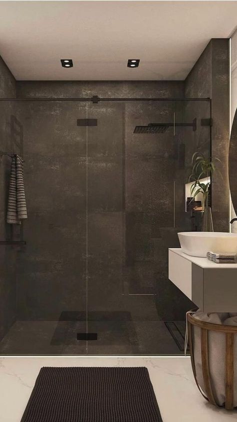 Bathroom Shower Inspiration, Brown Tiles Bathroom, Brown Tile Shower, Dark Grey Tile Bathroom, Dark Tile Bathroom, Small Dark Bathroom, Dark Brown Bathroom, Large Tile Bathroom, Pinterest Bathroom