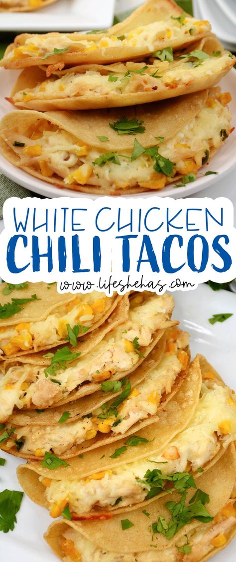 White Chicken Tacos, Ww White Chicken Chili, White Chicken Chili Tacos, White Chicken Chilli, Chili Tacos, White Bean Chicken Chili, Chicken Tostadas, Sunday Dinners, Taco Ingredients