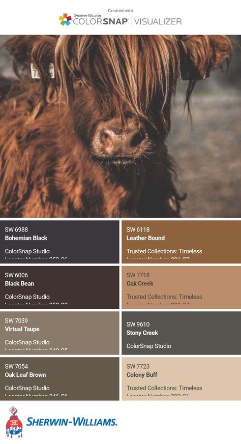 I just created this color palette with the Sherwin-Williams ColorSnap® Visualizer app on my Android phone. What do you think? You can learn more about ColorSnap Visualizer and get it on your phone free by visiting https://www.sherwin-williams.com/content/colorsnap.html. Western Style Paint Colors, Rustic Cottage Color Palette, Sherwin Williams Country Tweed, Rust Black Cream Color Palette, Western Living Room Colors, Terracotta Brown Color Palettes, Rustic Living Room Color Scheme, Western Living Room Wall Colors, Western Paint Colors For Bedroom