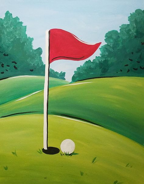 Cartoon Golf Course, Sports Painting Ideas Easy, Golf Course Painting Easy, Golf Painting Canvas, Golf Artwork Paintings, Painted Rocks Golf Theme, Golf Art Drawing, Golf Rock Painting, Golf Watercolor Card